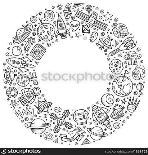 Line art vector hand drawn set of space cartoon doodle objects, symbols and items. Round frame composition. Set of space cartoon doodle objects, symbols and items