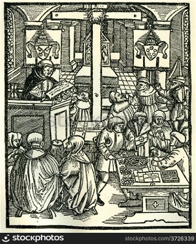 "Line drawing of Catholics preparing Indulgenses for sale in Europe at the time of the Reformation. Original illustration from "Martin Luther" by Gustav Freytag, published by The Open Court Publishing Company, 1897"