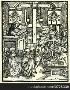 "Line drawing of Catholics preparing Indulgenses for sale in Europe at the time of the Reformation. Original illustration from "Martin Luther" by Gustav Freytag, published by The Open Court Publishing Company, 1897"