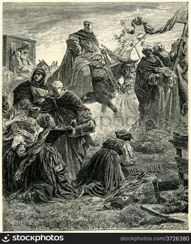 "Line drawing of Tetzel selling Indulgenses at the time of the Reformation. Original illustration from "Martin Luther" by Gustav Freytag, published by The Open Court Publishing Company, 1897"