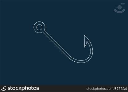 Line drawing vector of a fishing hook on blue