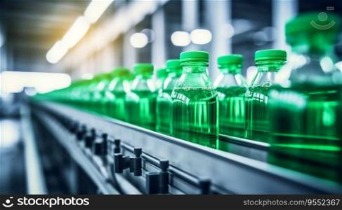Line of bottling beverages in plastic bottles on a clean, light background