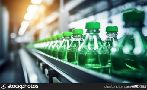 Line of bottling beverages in plastic bottles on a clean, light background