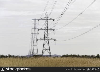 Line of electric pylons into distance above countryside, landscape