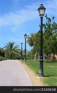 Line of lampposts along a park lane in a tropical garden.