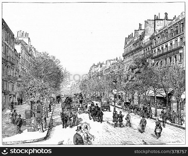 Line the main boulevards (boulevard Poissoniere), vintage engraved illustration. Paris - Auguste VITU ? 1890.