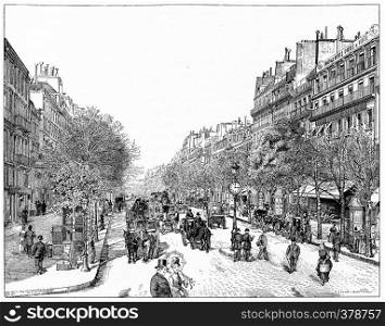 Line the main boulevards (boulevard Poissoniere), vintage engraved illustration. Paris - Auguste VITU ? 1890.