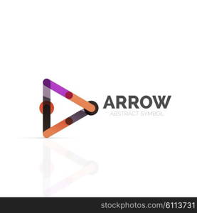 Linear arrow abstract logo, connected multicolored segments of lines in directional pointer figure. wire business icon isolated on white