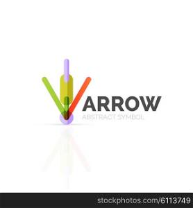 Linear arrow abstract logo, connected multicolored segments of lines in directional pointer figure. wire business icon isolated on white