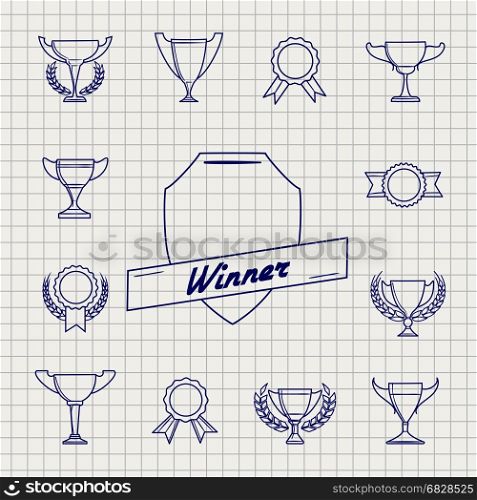 Linear awards icons on notebook page. Linear awards icons set on notebook page. Vector illustration