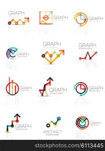 Linear graph and chart abstract logo set, connected multicolored line segments. minimal wire business icons isolated on white. Flat design