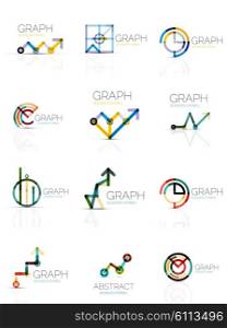 Linear graph and chart abstract logo set, connected multicolored line segments. minimal wire business icons isolated on white. Flat design