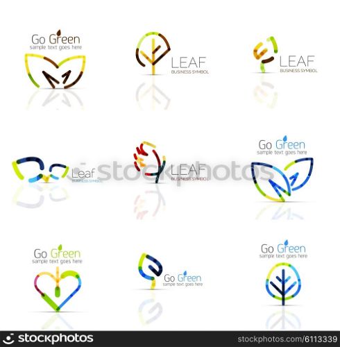 Linear leaf abstract logo set, connected multicolored segments of lines. minimal wire business icons isolated on white. Flat design