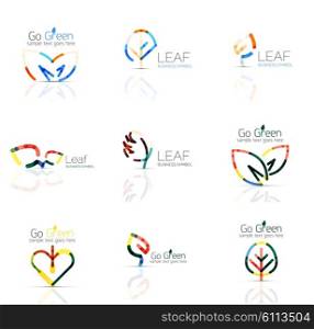Linear leaf abstract logo set, connected multicolored segments of lines. minimal wire business icons isolated on white. Flat design
