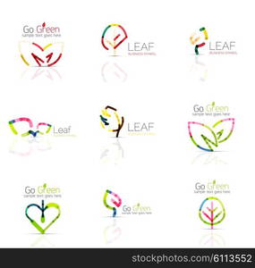 Linear leaf abstract logo set, connected multicolored segments of lines. minimal wire business icons isolated on white. Flat design