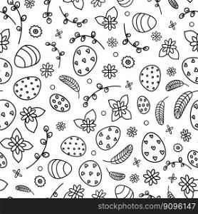 Linear seamless background of Easter eggs and flowers and pussy willow. Linear pattern of Easter eggs and flowers and pussy willow