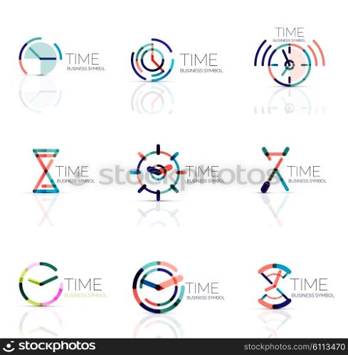 Linear time and clock abstract logo set, connected multicolored segments of lines. minimal wire business icons isolated on white. Flat design
