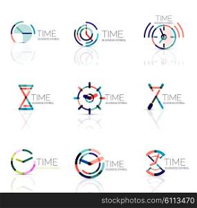 Linear time and clock abstract logo set, connected multicolored segments of lines. minimal wire business icons isolated on white. Flat design