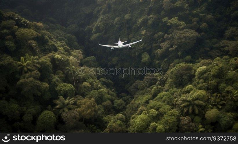 Liner tourist plane flies over the forested tropical jungle in the morning sun. Aviation, air transportation concept. Family travel, tourism. Aerial, top view. AI generated.. Liner tourist plane flies over the forested tropical jungle in the morning sun. AI generated.