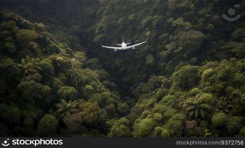 Liner tourist plane flies over the forested tropical jungle in the morning sun. Aviation, air transportation concept. Family travel, tourism. Aerial, top view. AI generated.. Liner tourist plane flies over the forested tropical jungle in the morning sun. AI generated.