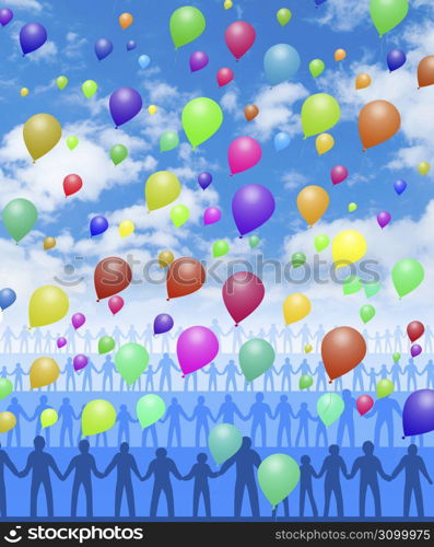 Lines of people on blue sky background with balloons
