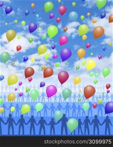 Lines of people on blue sky background with balloons