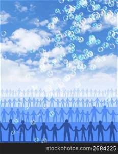 Lines of people on blue sky background with bubbles