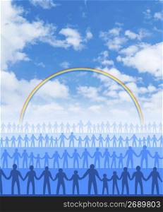 Lines of people on blue sky background with rainbow