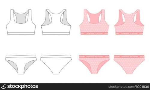 Lingerie set for women. Sports bra and panties. Cartoon flat style. Vector illustration
