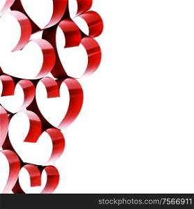 Linked red ribbon hearts isolated on white background. Linked ribbon hearts