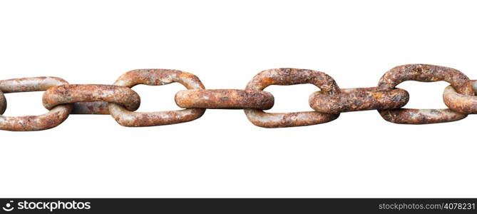 links of old rusty steel chain isolated on white background