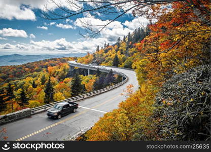 Linn Cove Viaduct carries the Blue Ridge Parkway around the slopes of Grandfather Mountain in North Carolina