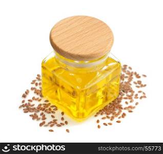 linseed oil in bottle isolated on white background