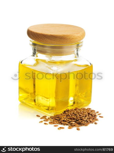 linseed oil in bottle isolated on white background