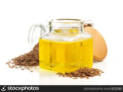 linseed oil in bottle isolated on white background
