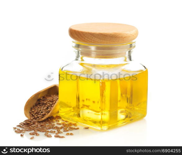 linseed oil in bottle isolated on white background