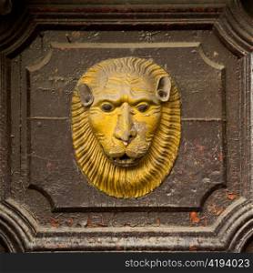 Lion&acute;s face carved on a door, Cuzco, Peru