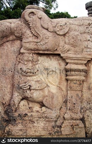 Lion and crockodile on the wall of vatadage in Polonnaruwa, Sri Lanka