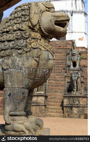 Lion and elephants on the durbar square in Bhaktapur, Nepal