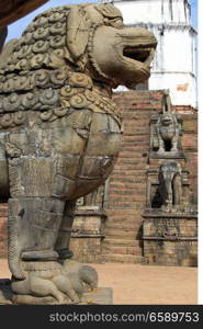 Lion and elephants on the durbar square in Bhaktapur, Nepal