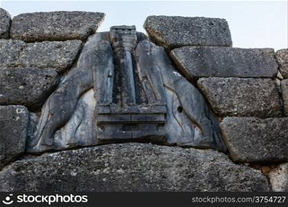 Lion gate closeup in Mykines, Greece