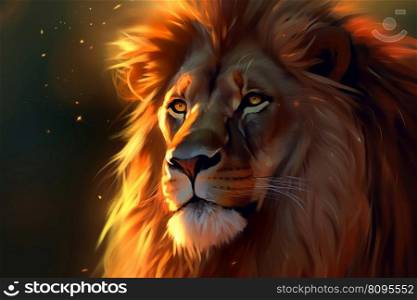 Lion head at sunset. Animal mammal hair. Ge≠rate Ai. Lion head at sunset. Ge≠rate Ai