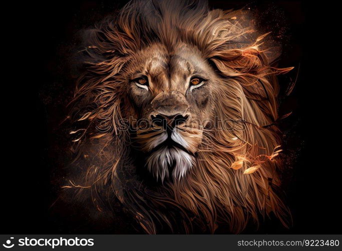 lion head digital painting illustration. AI generative.