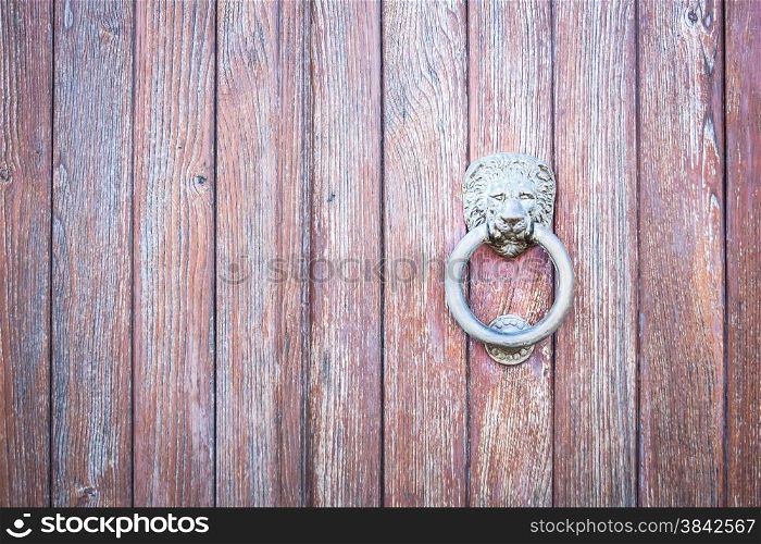 Lion head on wood. Particular of a knocker