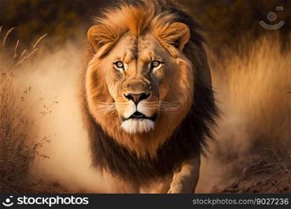 Lion in Africa closeup. Generative AI. High quality illustration. Lion in Africa closeup. Generative AI