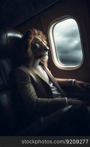 Lion Sitting in the Plane Seat by the Window and Wearing Suit, Business Class. Generative ai. High quality illustration. Lion Sitting in the Plane Seat by the Window and Wearing Suit, Business Class. Generative ai