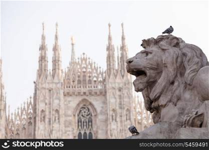 Lion statue in Milano, doves and cathedral&#xA;