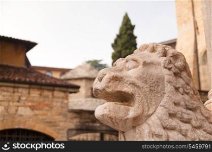 Lion statue near basilica at Bergamo, Italy&#xA;