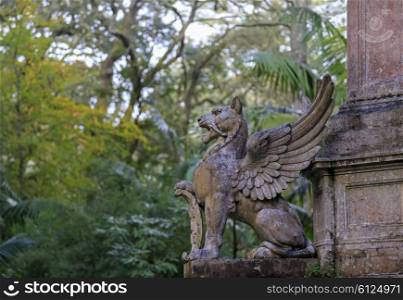 Lion with wings statue in Terra Nostra garden, Furnas, Azores, Portugal