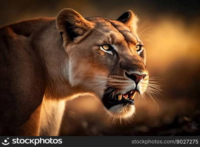 Lioness in Africa savannah. Generative AI. High quality illustration. Lioness in Africa savannah. Generative AI
